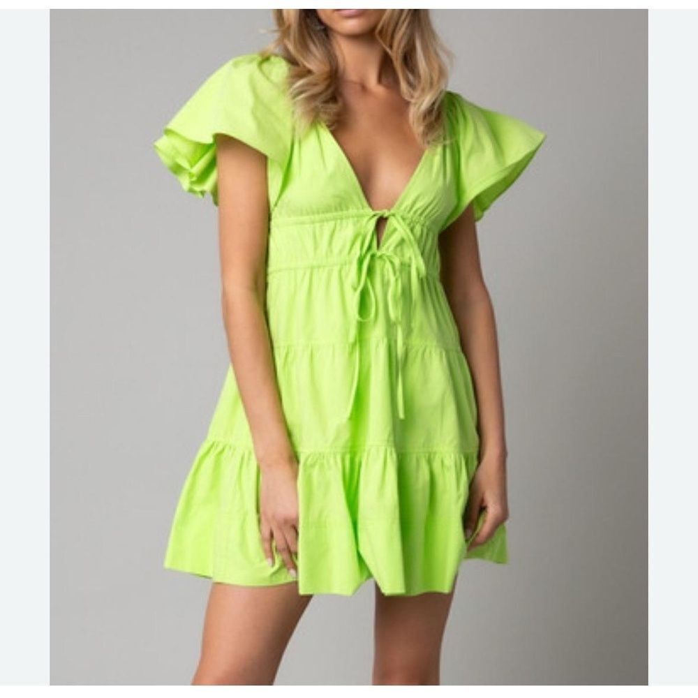 HAUSEN Mini Dress Womens Size S Lime Green Ruffle Tiered Square Neck Summer